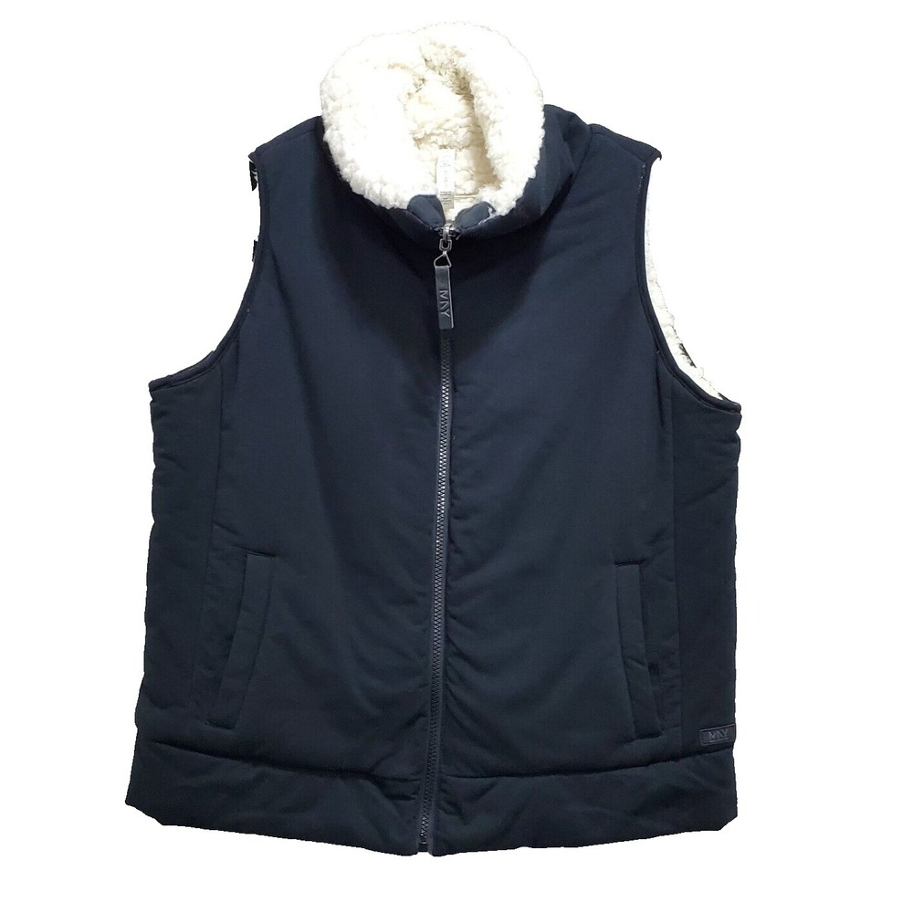 MNY‎ Vest Women Large Black Ivory Sherpa Lined  Pocket Full Zip Preppy